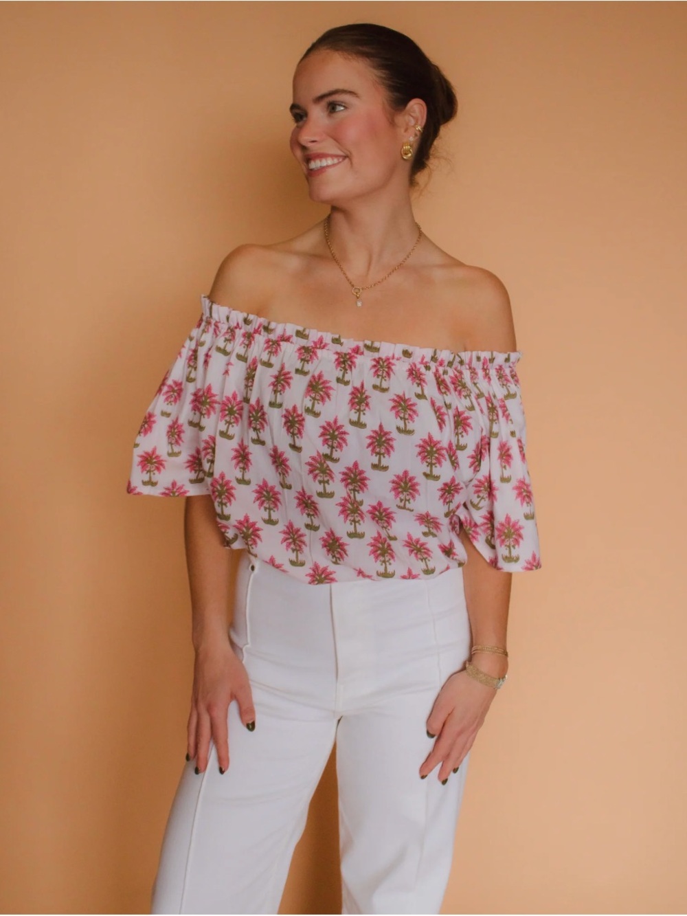 Pink Palm-Print Off-Shoulder Crop Top
